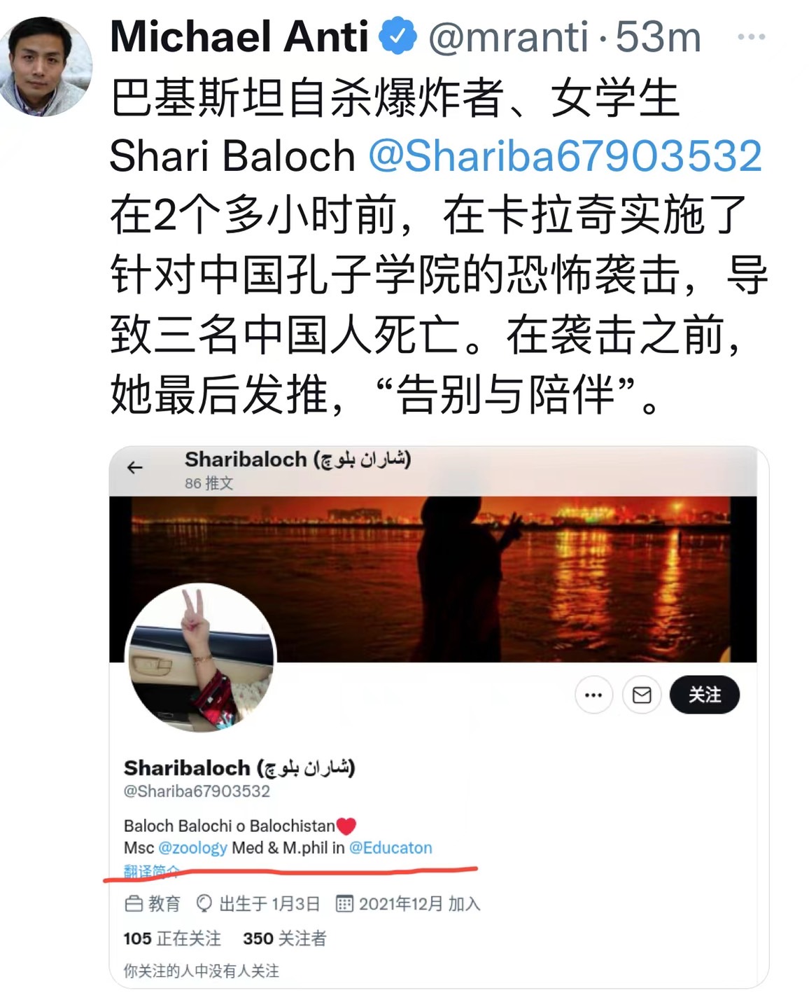 據網傳消息，女性自殺式炸彈客布勒姆什在襲擊前發推文寫道：「告別與陪伴」。 圖：翻攝推特