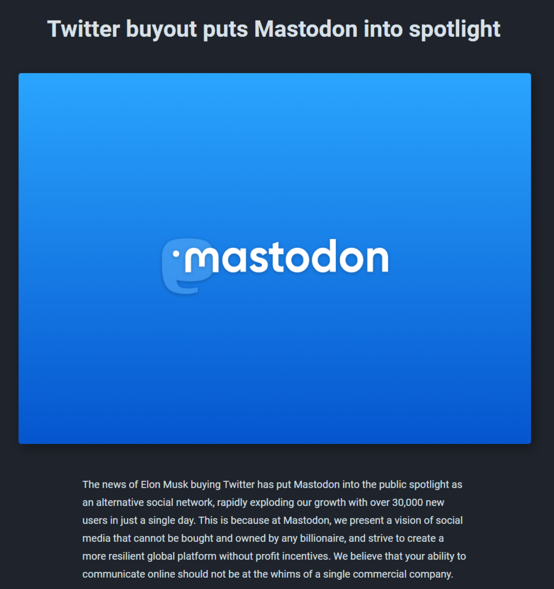 美國社群平台Mastodon昨日在官網上表示，在推特被收購後，數小時內大約有3萬名新用戶湧入該平台。 圖：翻攝自Mastodon官網