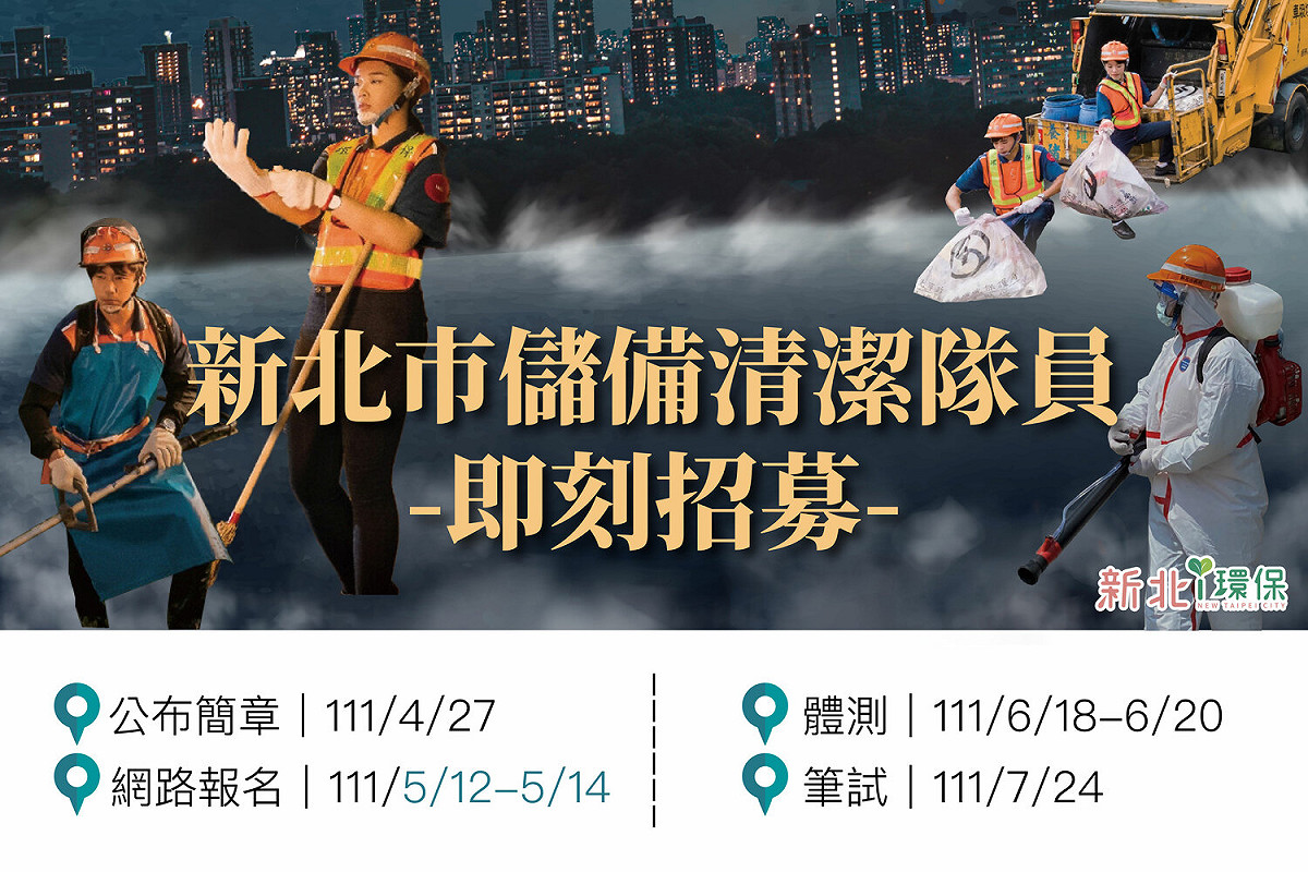 新北市環保局今日宣布今(111)年將辦理儲備清潔隊員甄試，將招考828名候用人員。
