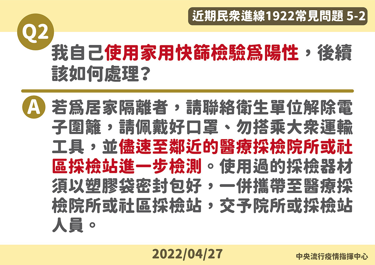 居家隔離者使用家用快篩為，須先聯絡衛生單位，再到臨近採檢站檢測。 圖：中央流行疫情指揮中心/提供