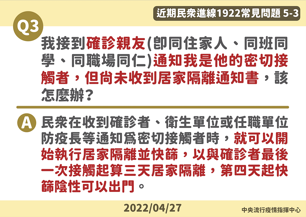 自己是密切接觸者但還沒收到隔離通知書，則自行開始執行居家隔離並快篩。 圖：中央流行疫情指揮中心/提供