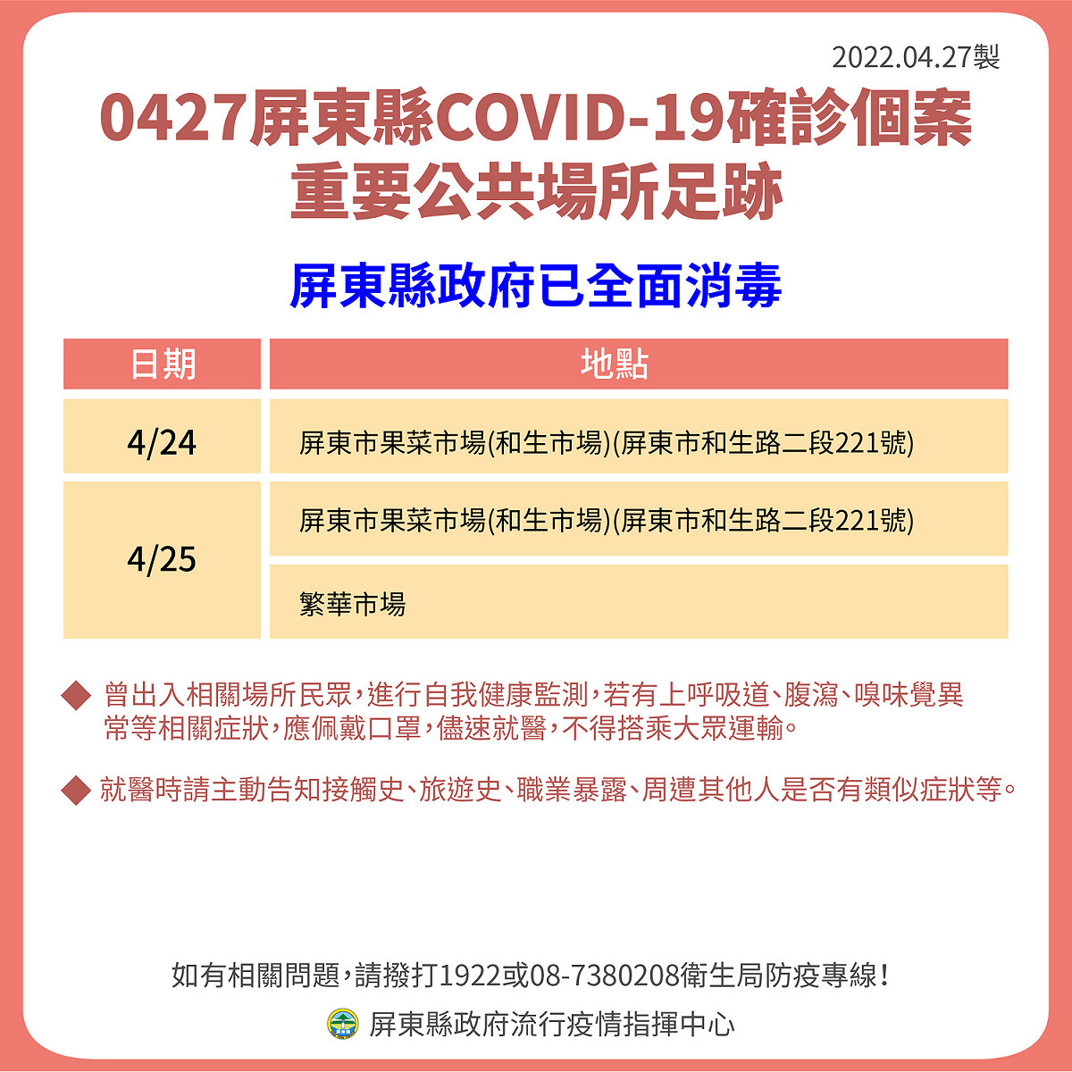 屏東確診者重要公共場所足跡。 圖：屏東縣政府提供