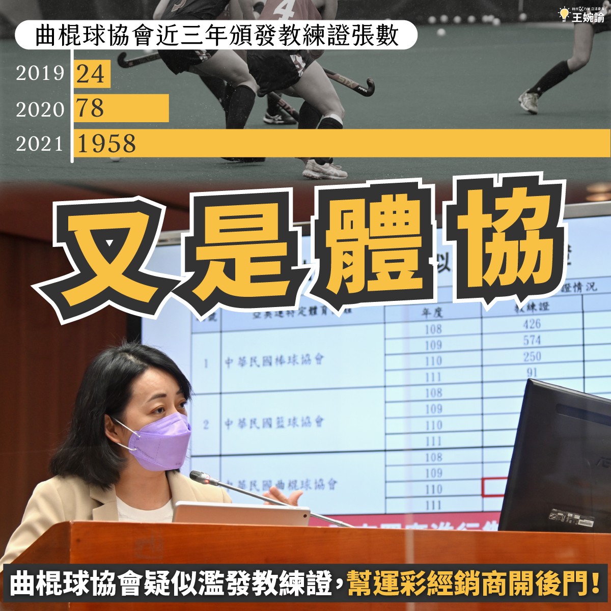 曲棍球協會頒發的教練證與過去 2019 年僅發出 24 張教練證，2020 年發出 78 張相比，到了 2021 年竟然暴增 25 倍以上！ 擷取自王婉諭臉書