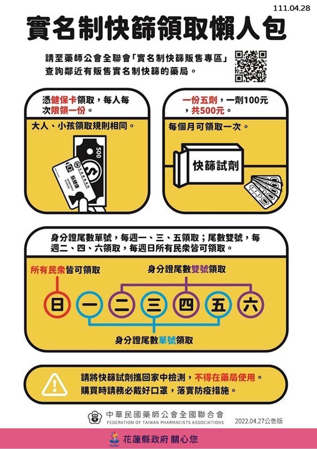 實名制快篩領取懶人包。 圖：花蓮縣政府官網
