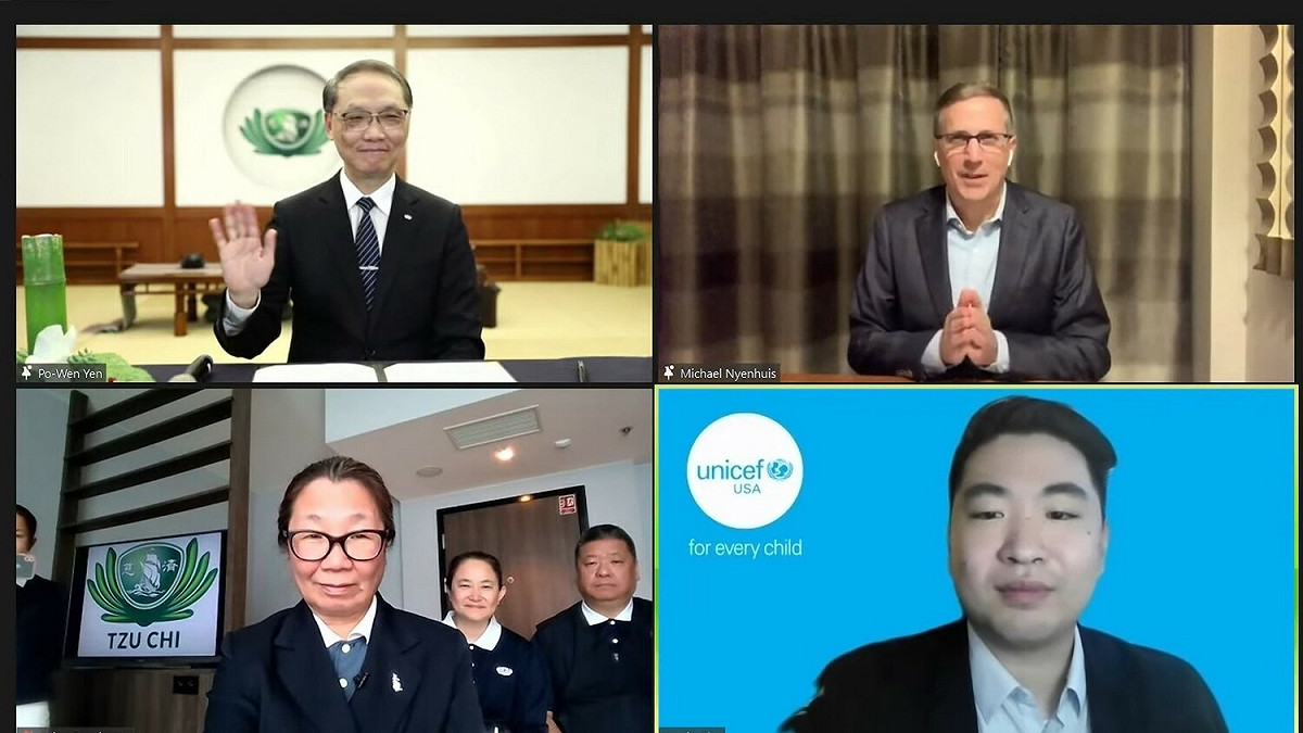 慈濟與聯合國兒童基金會攜手合作為烏克蘭孩童及其家庭提供人道援助，台灣時間4月22日20點透過視訊簽署合作備忘錄。 圖：慈濟基金會/提供