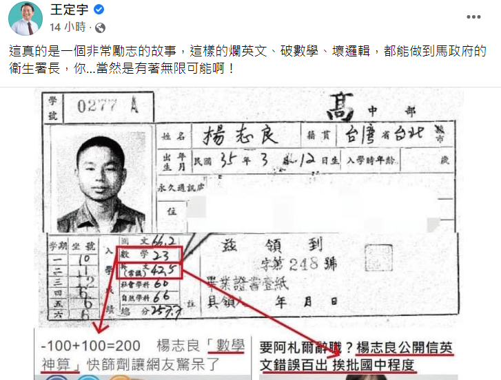 王定宇在臉書諷刺，楊志良的故事還真是勵志。 圖擷取自王定宇臉書