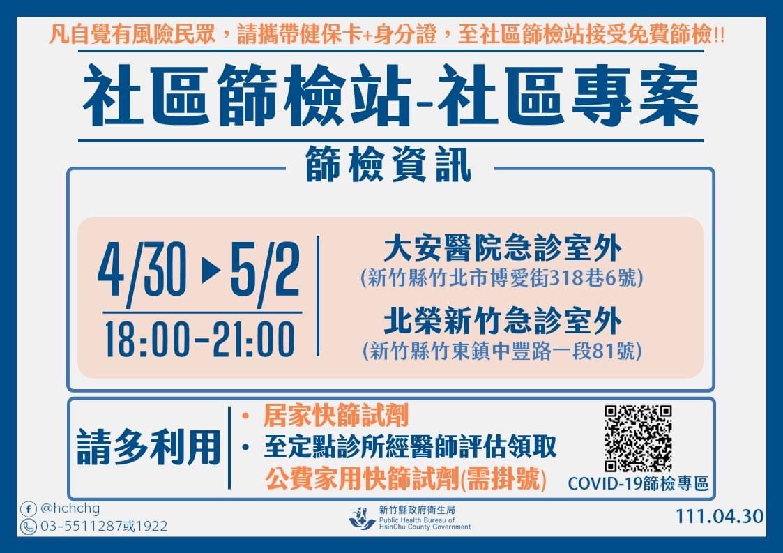 新竹縣衛生局提供新竹縣社區篩檢站資訊。 圖：新竹縣政府提供
