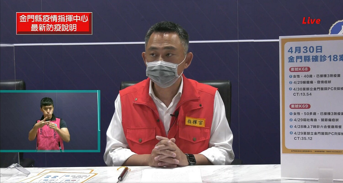 金門縣長楊鎮浯指出，金門縣今新增18例本土確診個案。 圖：翻攝自金門縣疫情說明會