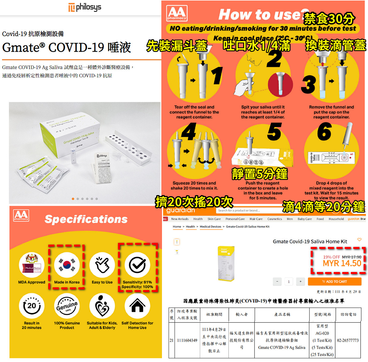 食藥署近日核准韓國家用口水快篩 Gmate 以專案形式輸入。 圖：翻攝自潘建志臉書