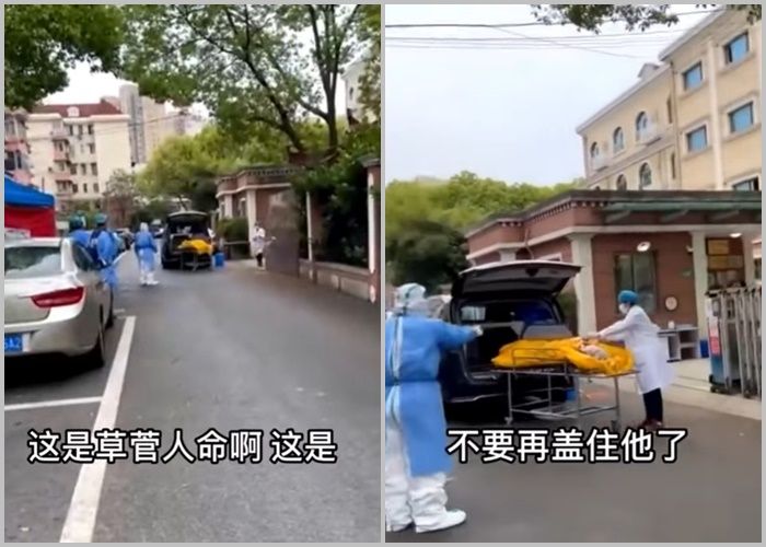 上海驚傳「活人裝屍」，拍攝民眾直呼草菅人命，殯儀館人員也阻止福利院人員再把老人蓋上黃布。 圖：翻攝微博