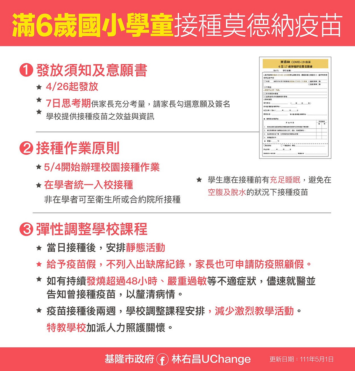基隆市長林右昌提醒，滿6歲學童皆種莫德納疫苗注意事項。 圖：基隆市政府提供