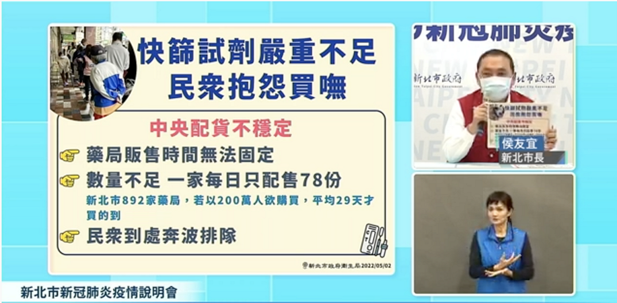 侯友宜表示，快篩試劑嚴重不足引發民怨不斷。 圖：翻攝我的新北市臉書