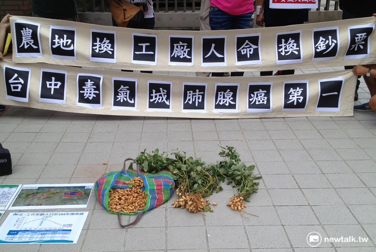 環保團體4日帶來在大肚山種植的花生前，要求內政部營建署重視當地的珍貴農地，不要過度開發產業園區。 圖：周富美/攝