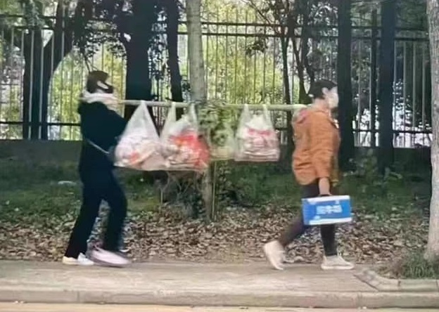 上海民眾用扁擔和推車搬運購買的貨物 圖:翻攝自微博