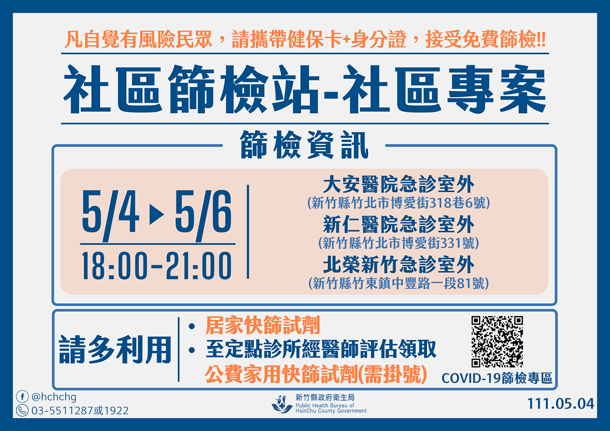 新竹縣社區免費篩檢站，5/4～5/6相關資訊。 圖：新竹縣府提供