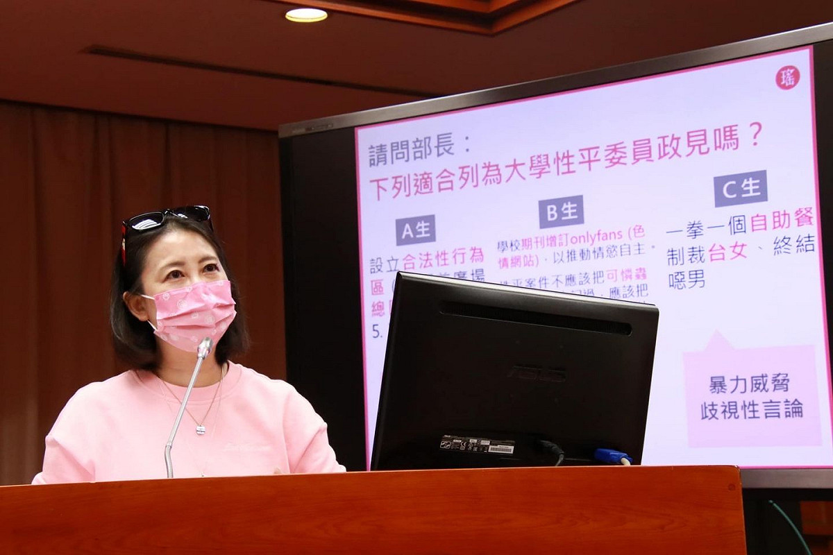 民進黨立法委員吳思瑤4日表示收到多位台大學生的陳情，「簡直嚇壞了」，指台大性平委員候選人公然提倡性別暴力，質問「教育部還在睡？」 圖：翻攝吳思瑤臉書