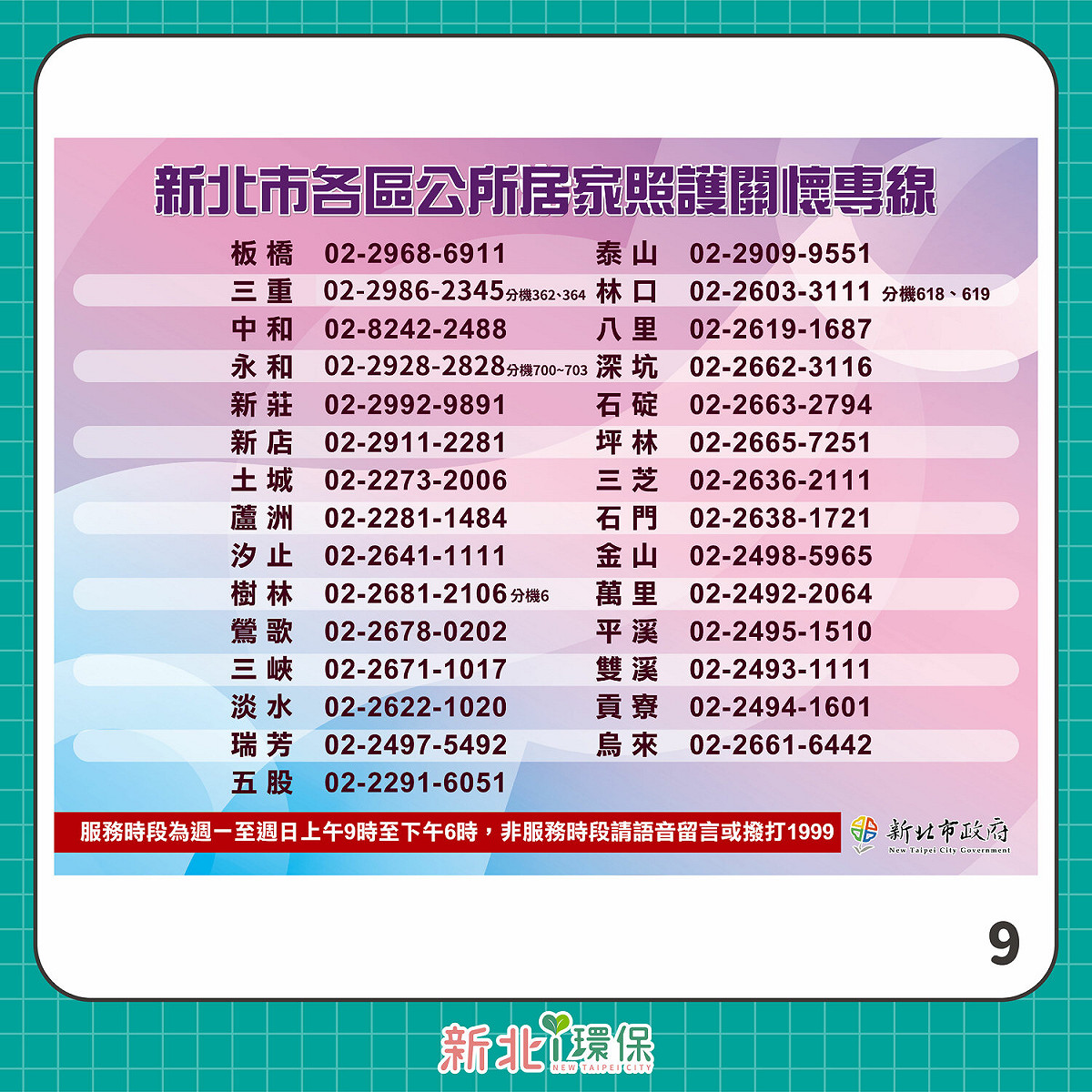 新北市各區公所居家照護關懷專線。 圖：新北市環保局提供