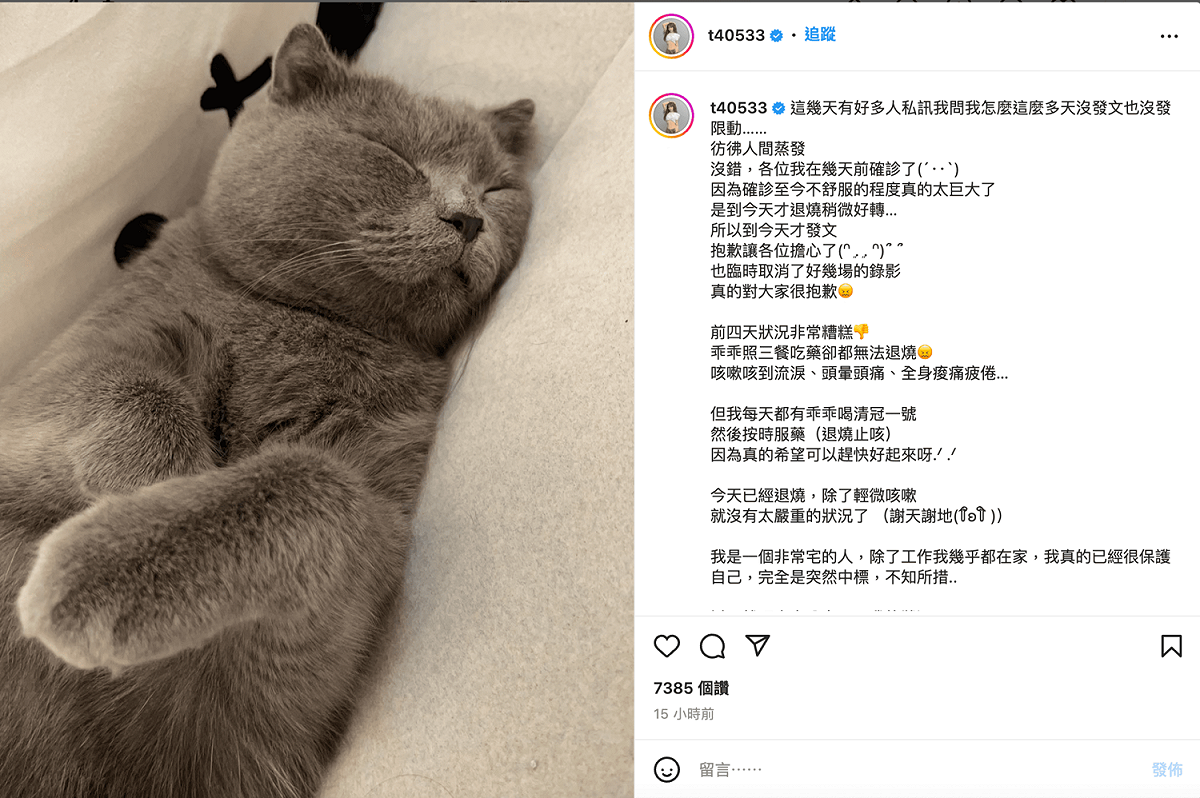 梓梓親曝「確診心境」。 圖：翻攝自梓梓IG(@t40533)