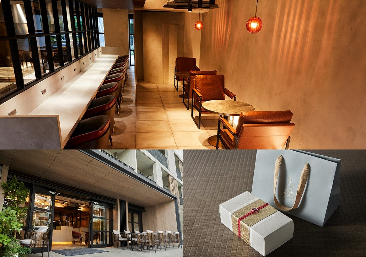 「＆ OIMO TOKYO CAFÉ」中目黑店簡約的店內陳設與雅緻外觀（上、左下），精美時尚的外帶禮盒包裝也很吸睛（右下）。