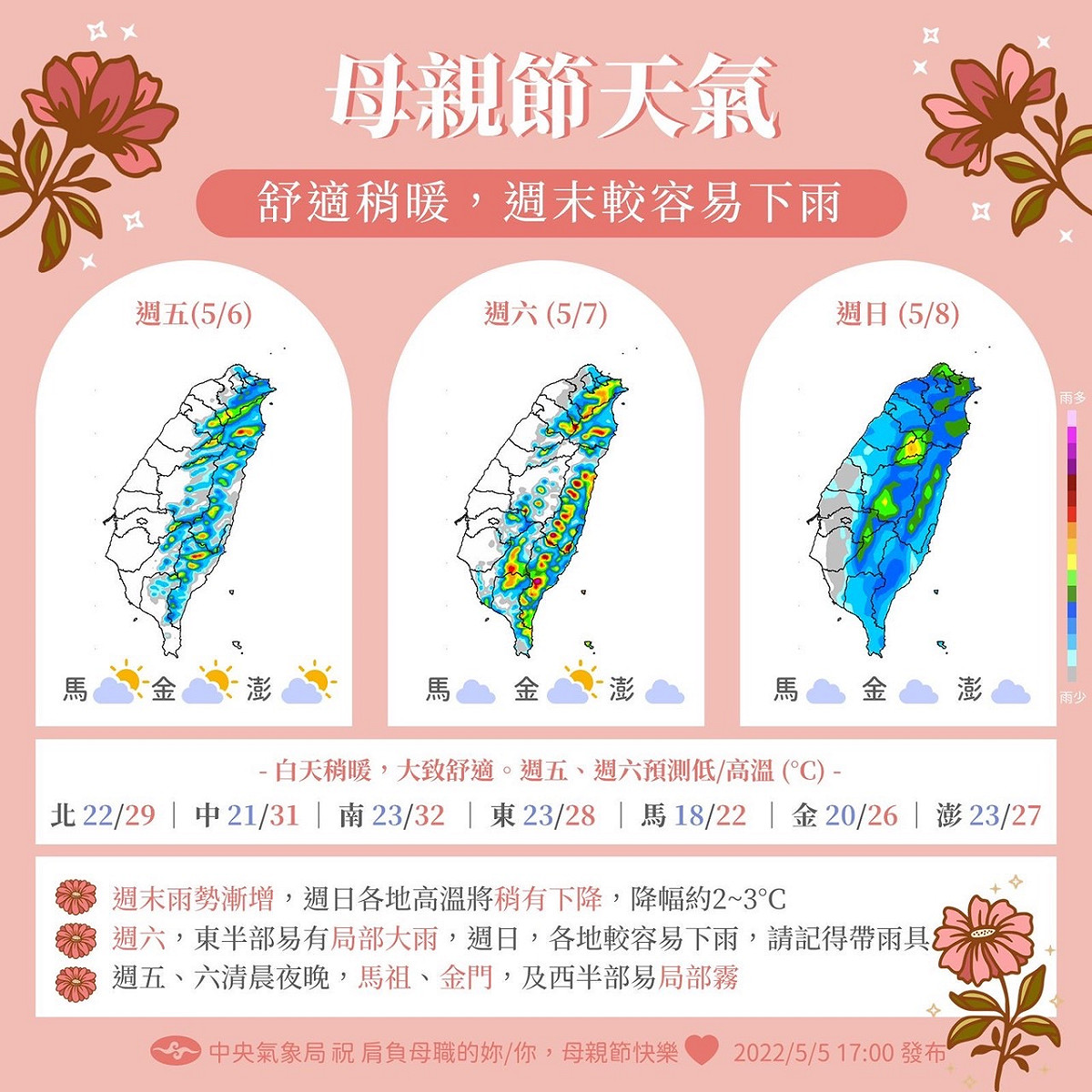 中央氣象局公布5/6~5/8雨量預測圖。 圖：中央氣象局／提供