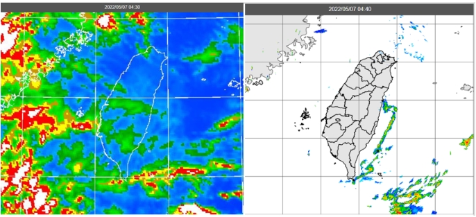 今晨4：30紅外線色調強化雲圖顯示，台灣西側有鬆散中高雲移入(左圖)；4：40雷達回波合成圖顯示，東側海面上有零星的降水回波(右圖)。 圖/「三立準氣象．老大洩天機」專欄