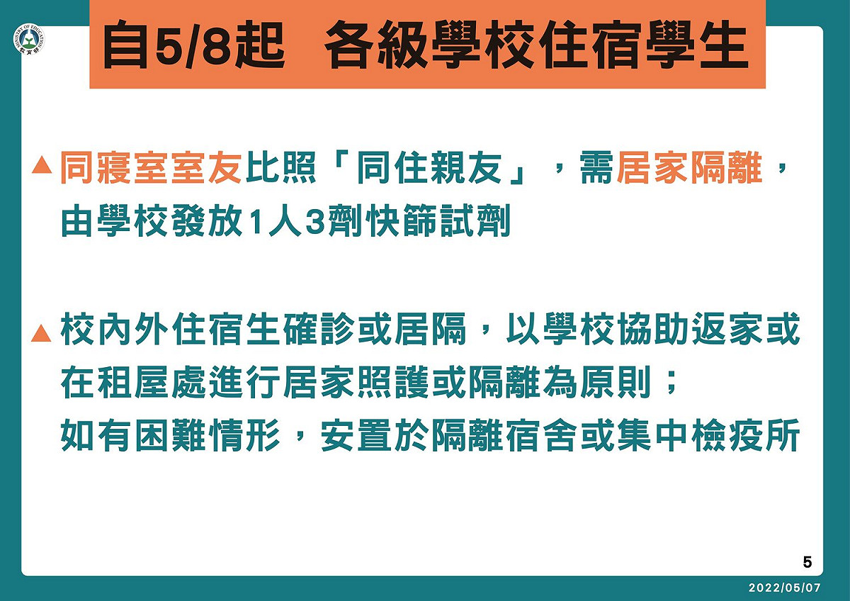 各級學校住宿學校學生，同寢室者比照同住親友居隔。 圖：教育部／提供