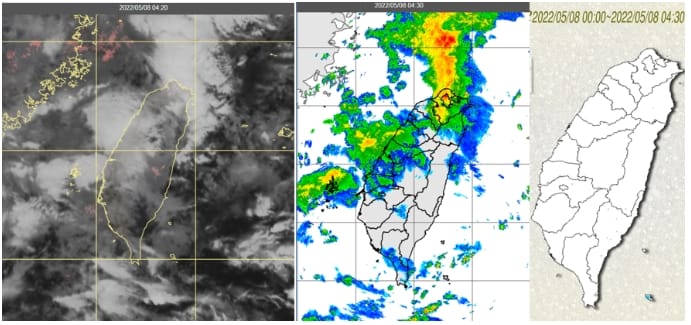 今(8日)晨4：20真實色雲圖顯示，台灣西側有雲層移入(左圖)；4：30雷達回波合成圖顯示，降水回波偏弱(中圖)；各地尚無明顯降雨(右圖)。 圖/「三立準氣象．老大洩天機」專欄