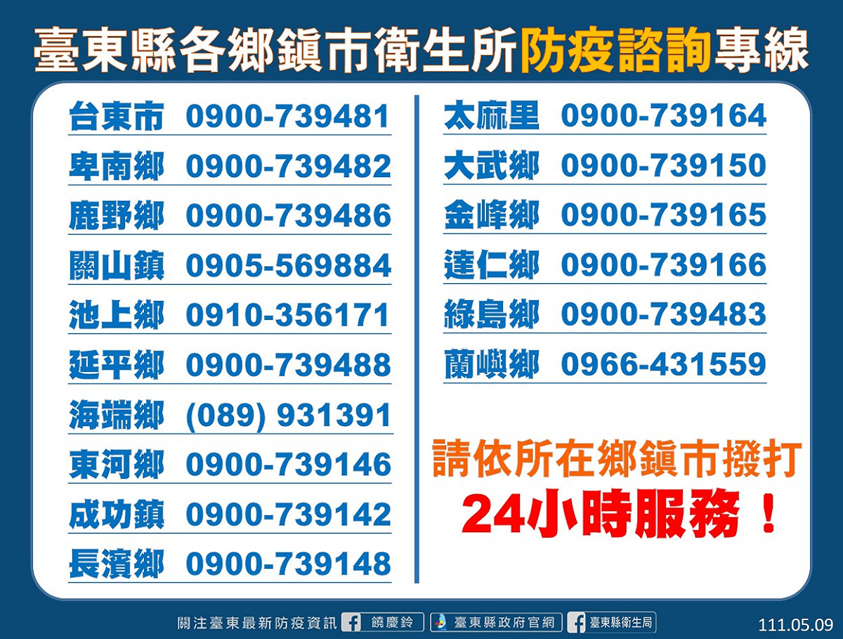 台東縣府各鄉鎮市衛生所提供防疫諮詢服務。 圖：擷取自台東縣政府官網