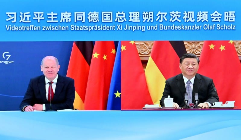 中共領導人習近平5月9日下午，和蕭茲舉行視訊會晤。 圖：翻攝自新華社