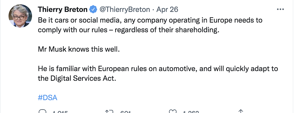 Thierry Brenton曾在推特中抨擊馬斯克收購推特後的承諾，表示馬斯克應該遵守歐盟的「數位服務法案」。 圖：截自Thierry Brenton推特