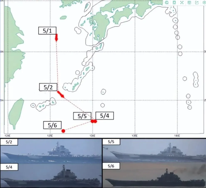 樞密院十號指出，遼寧艦編隊以 V 字航行到台灣東部。 圖：翻攝自騰訊網