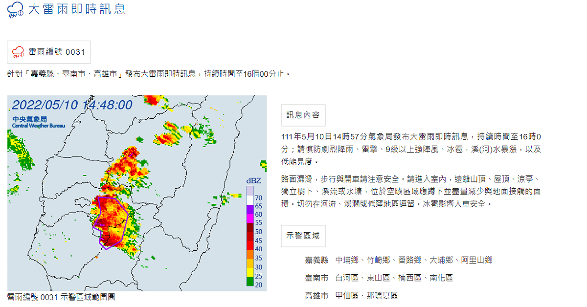 中央氣象局對嘉義縣、台南市、高雄市，發布大雷雨即時訊息。 圖：中央氣象局／提供