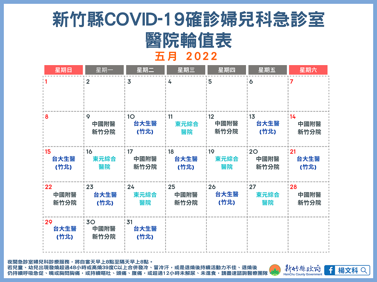 新竹縣婦兒科急診室醫院5月輪值表。 圖：新竹縣政府官網