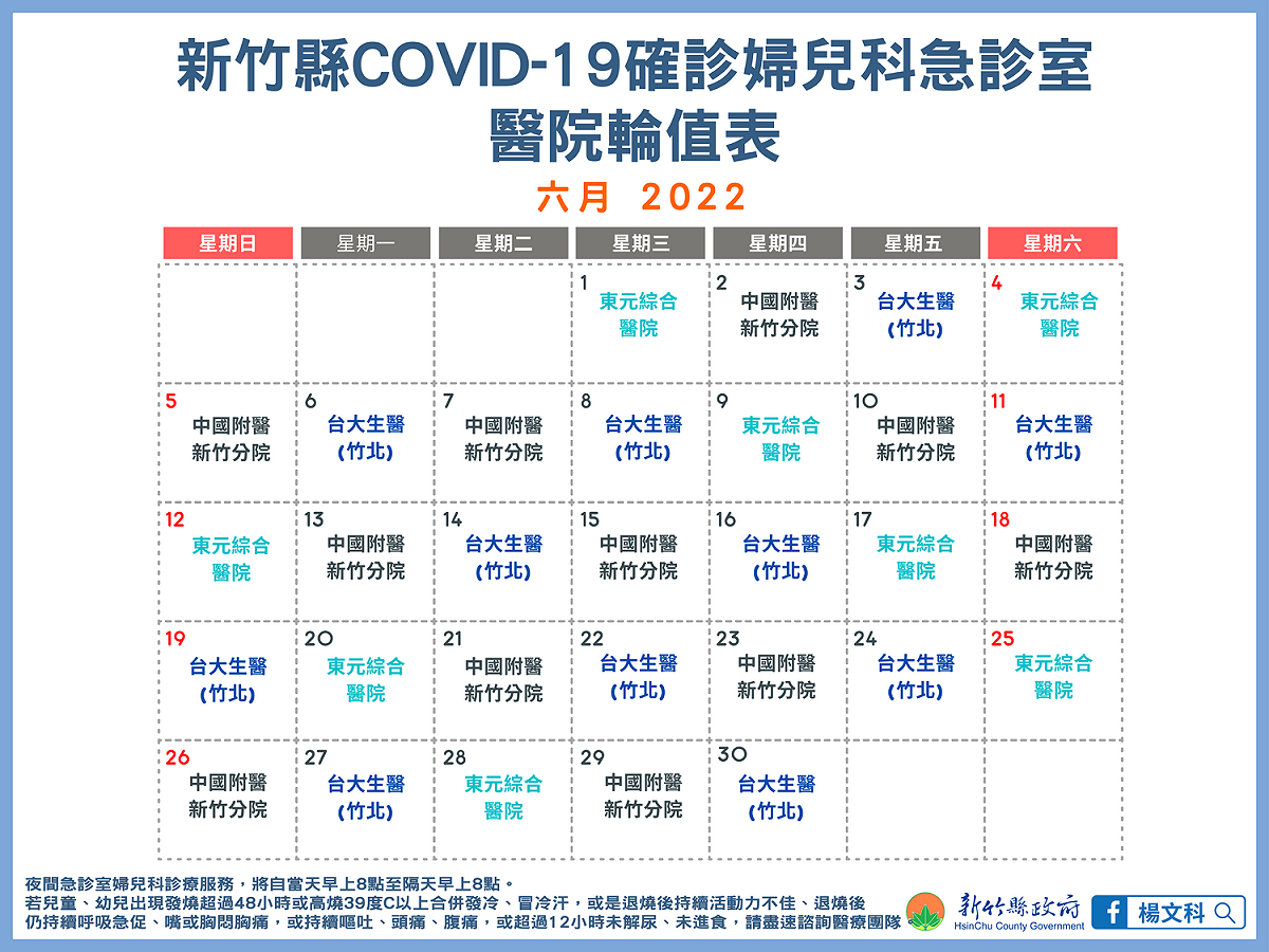 新竹縣婦兒科急診室醫院6月輪值表。 圖：新竹縣政府官網