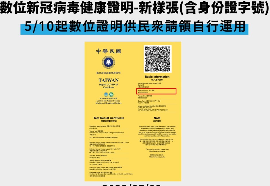 壽險公會同意可用衛福部疾管署製發的「數位新冠病毒健康證明」作為COVID-19診斷證明書的替代文件，但保險公司仍可保留事後查核權利。  image source：指揮中心提供