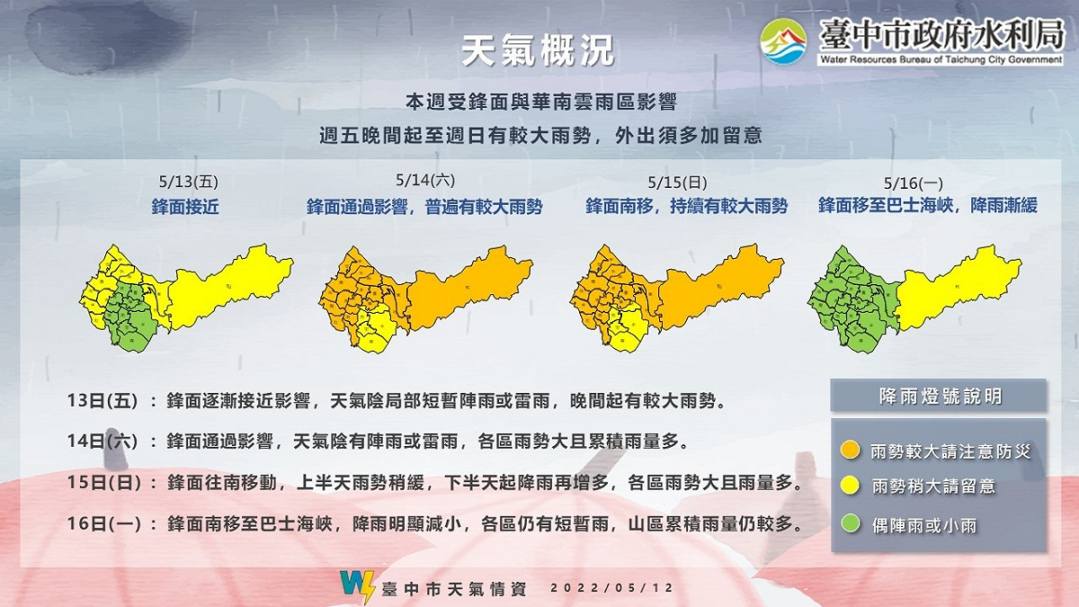 梅雨鋒面將至，台中市政府提醒市民防災。 台中市政府/提供