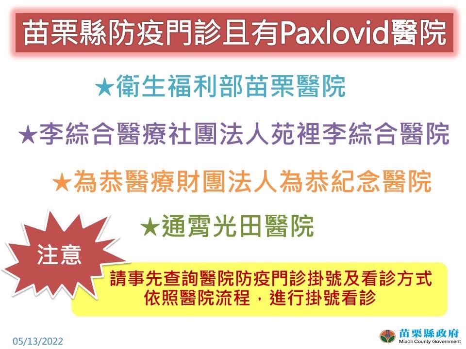 苗栗縣政府公布配有「Paxlovid」抗病毒藥物的4家醫院。 圖：擷取自徐耀昌臉書