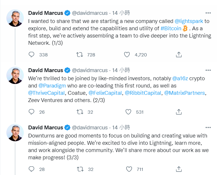 David Marcus表示，他們正在積極組建一個團隊，深入了解閃電網絡，未來將分享更多關於比特幣項目的資訊。 圖：翻攝自David Marcus Twitter