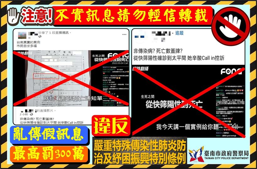網傳「死亡數蓋牌？從快篩陽性確診到太平間」謠言， 全案移送台南地檢署偵辦。 圖/台南市政府警察局提共