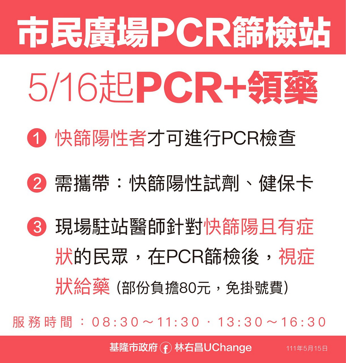 基隆市長林右昌宣布，PCR檢測站擴大業務，提供有症狀者藥物治療。 圖：基隆市政府提供