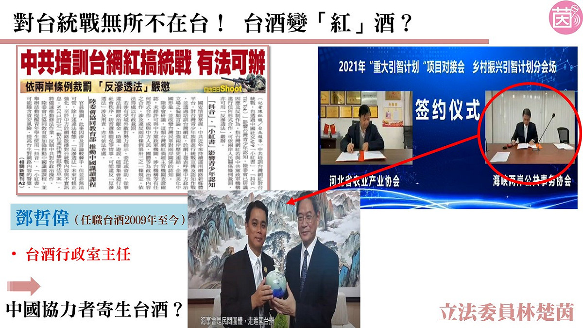 立委林楚茵指出，台酒主管鄧哲偉協助對岸進行統戰。 圖：林楚茵提供