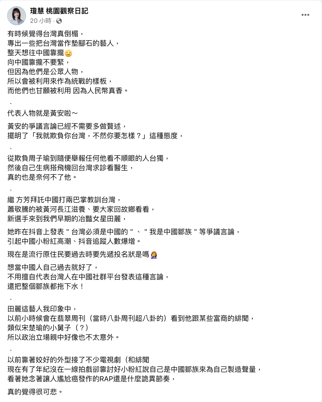 qn狠批田麗「可悲」。 圖：翻攝自qn FB(@瓊慧 桃園觀察日記)