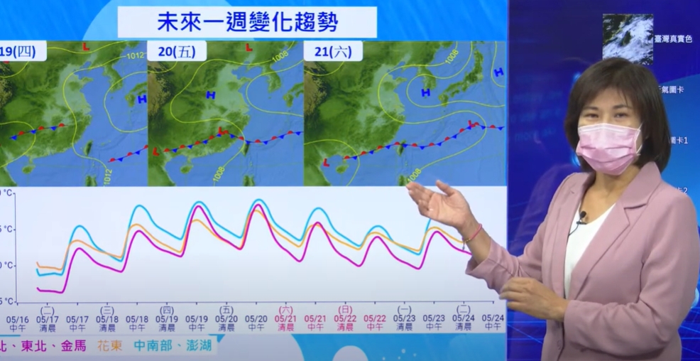 中央氣象局簡任技正伍婉華說明，週末受到鋒面影響，全台有雨、氣溫下降。 圖：擷取自中央氣象局直播