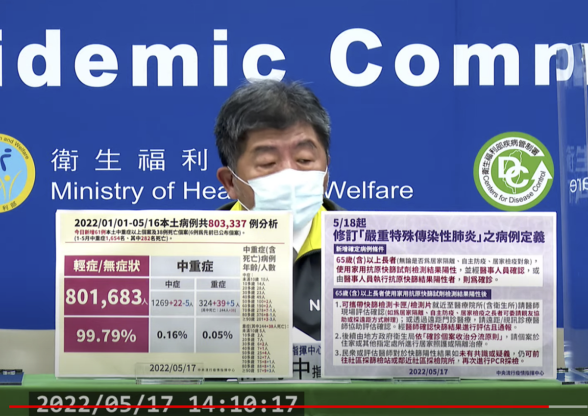 中央疫情指揮中心指揮官陳時中。 圖：翻攝中央疫情指揮中心5/17直播記者會