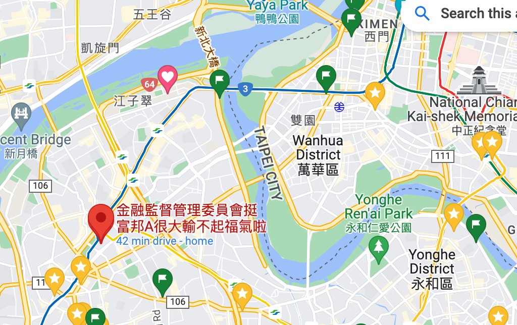 網友將金管會 Google map 更名為「金融監督管理委員會挺富邦A很大輸不起福氣啦」。 圖：翻攝自 Google map