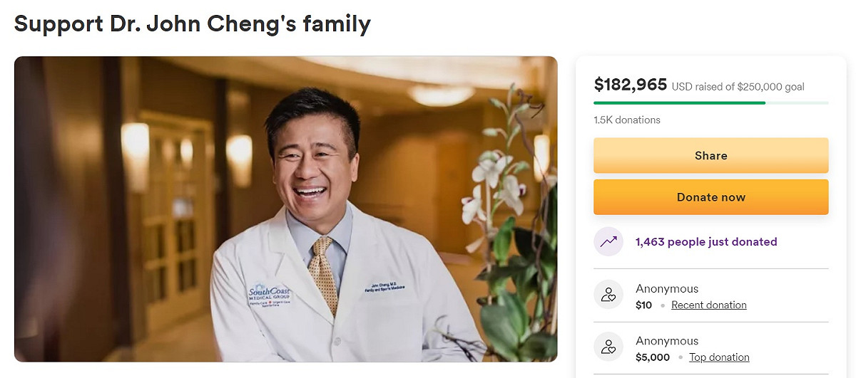 Irvine台灣基督教長老教會為在南加州教會槍擊案中犧牲的醫師鄭達志發動募款，希望募到25萬美元，幫助他的家人。 圖：翻攝自gofundme