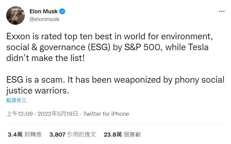 憤怒的馬斯克得知消息後推文寫道：「艾克森美孚（Exxon）被標普500 ESG指數評為前10名，而特斯拉沒有上榜！ESG是騙局，它已被虛偽的正義魔人當成武器。」 圖：翻攝自Elon Musk Twitter