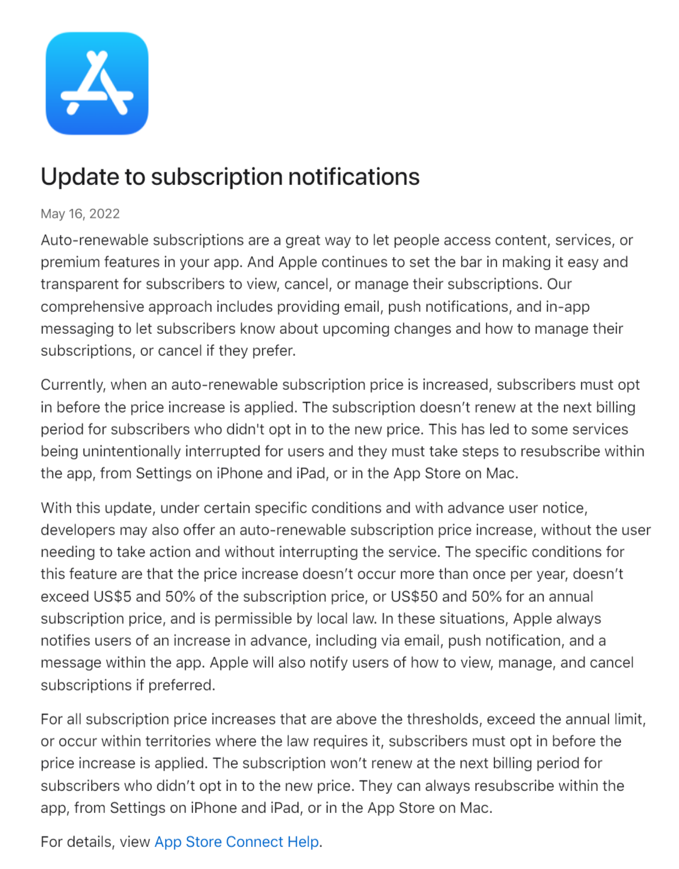 據新訂閱模式，開發者一樣要先發送通知，不過開發者無需用戶手動同意，就能自動以調漲的價格續訂，用戶若不接受調漲的價格，就要自行手動退訂。 圖：翻攝自蘋果官網