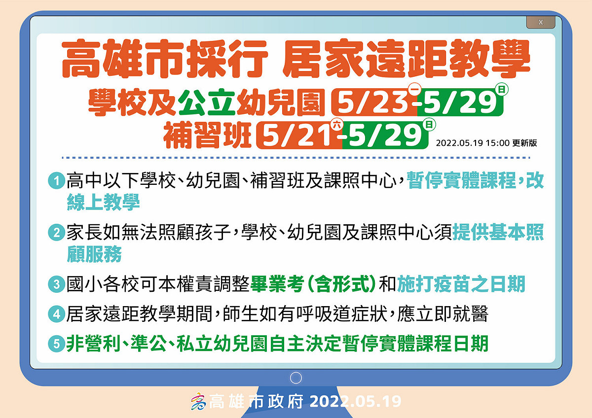 高雄5/19居家遠距教學政策。 圖：高雄市衛生局提供