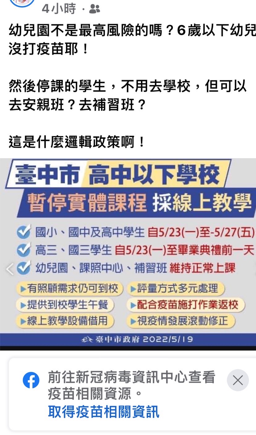台中市高中以下暫停實體課，但幼兒園、課照中心及補習班維持正常上課，遭批評不合邏輯。 林祈烽/提供